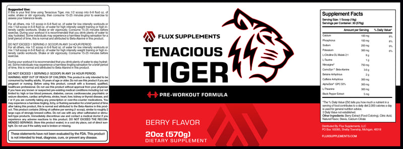 Load image into Gallery viewer, Tenacious Tiger Preworkout By Flux Supplements Label
